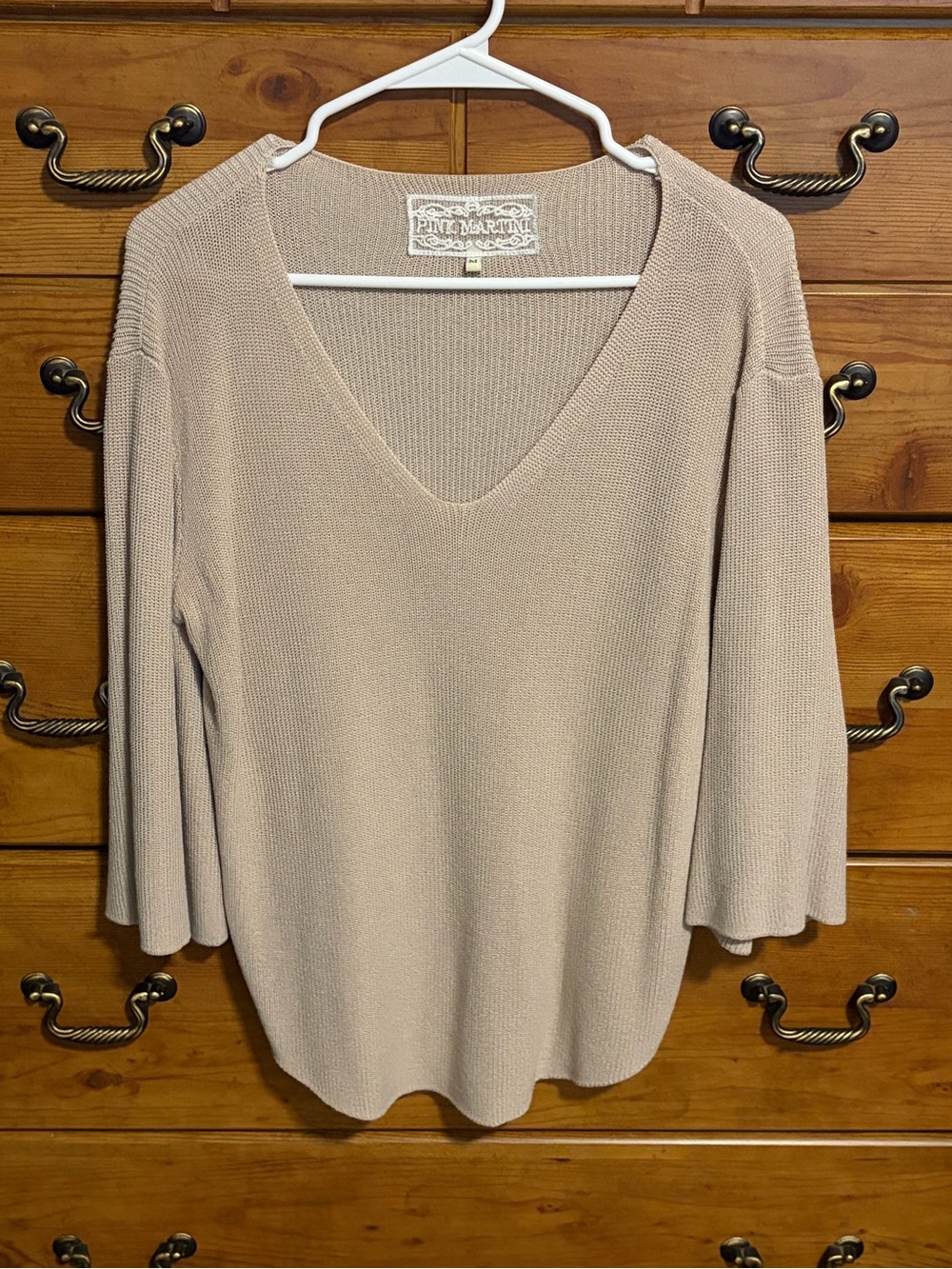 Pink Martini V-Neck Knit Sweater in Taupe Beige